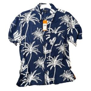 Margaritaville Casual Button Down Collared Men's Shirt Insignia Blue Palm Sz M